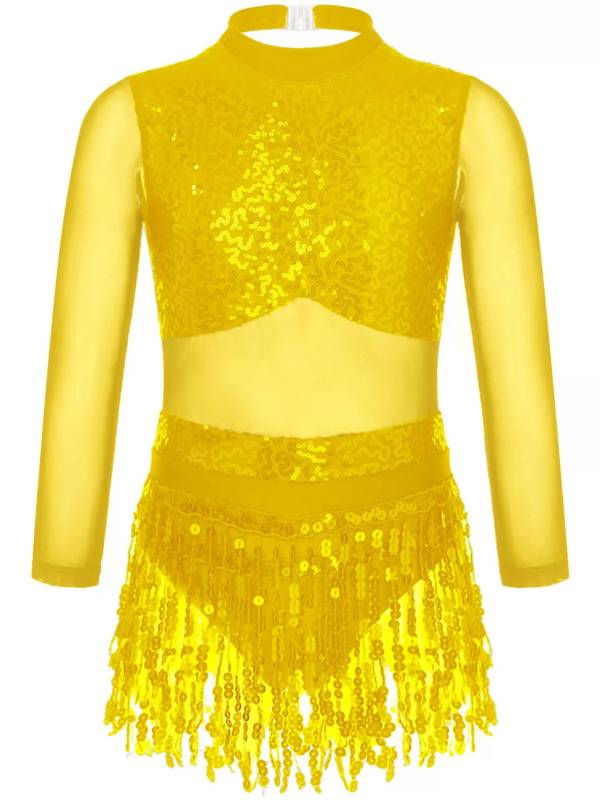 Kids Girls Long Sleeve Sequins Hollow Back Tassel Latin Dance Dress thumb