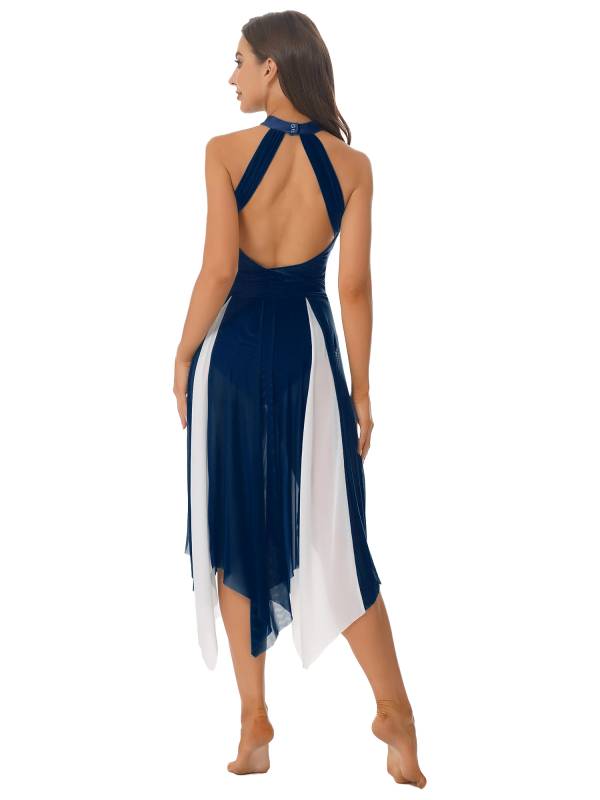 Women Sleeveless Color Block Halter Neck Lyrical Dance Dresses thumb
