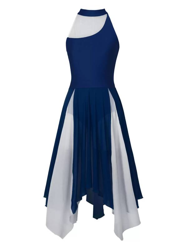 Women Sleeveless Color Block Halter Neck Lyrical Dance Dresses thumb