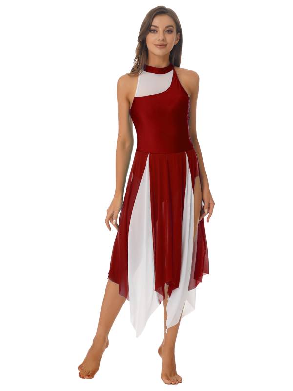 Women Sleeveless Color Block Halter Neck Lyrical Dance Dresses thumb