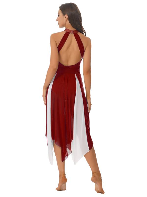 Women Sleeveless Color Block Halter Neck Lyrical Dance Dresses thumb