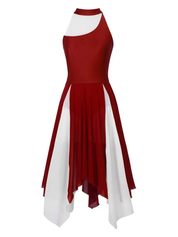 Women Sleeveless Color Block Halter Neck Lyrical Dance Dresses thumb