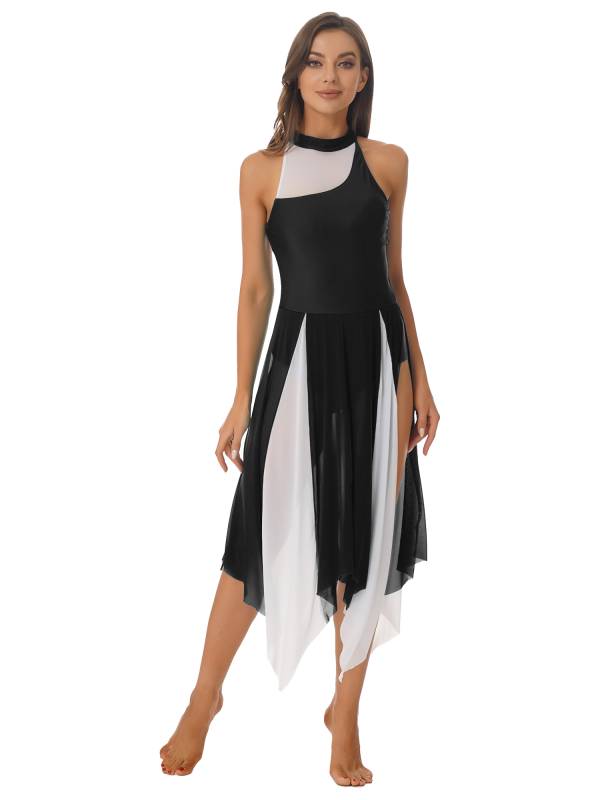 Women Sleeveless Color Block Halter Neck Lyrical Dance Dresses thumb