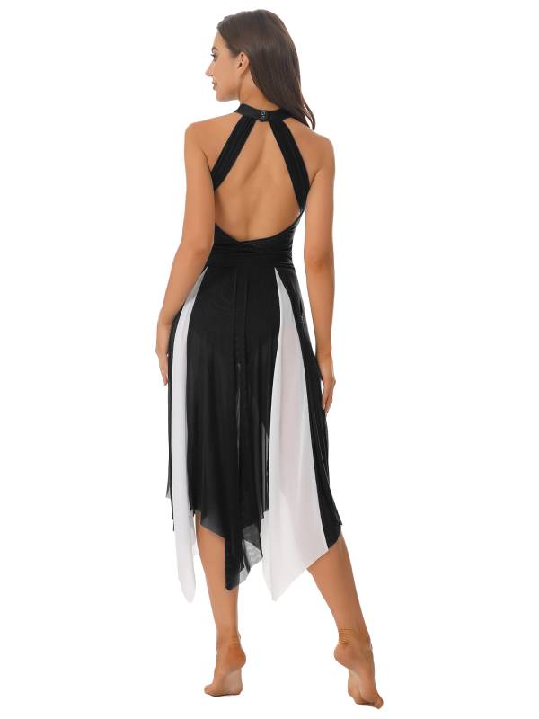 Women Sleeveless Color Block Halter Neck Lyrical Dance Dresses thumb