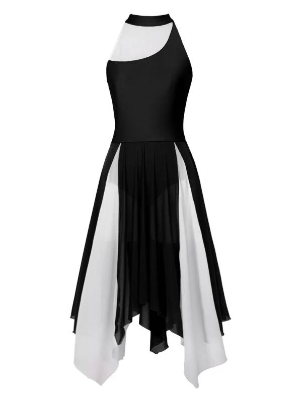 Women Sleeveless Color Block Halter Neck Lyrical Dance Dresses thumb