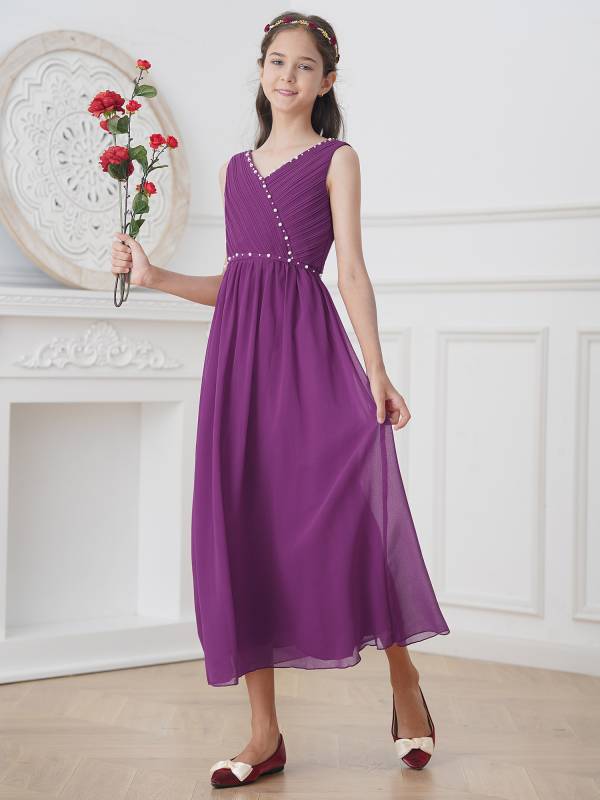Kids Girls Beaded V Neck Chiffon Party Dress thumb