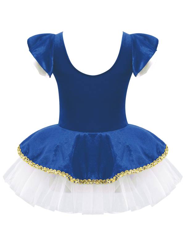 Kids Girls Square Neck Short Sleeves Sequin Leotard Dress thumb