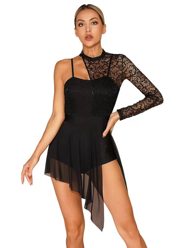 Women One Shoulder Split Leotard Dresses for Lyrical Dance thumb