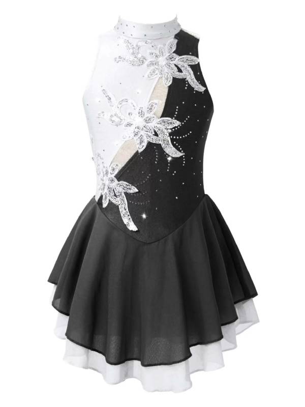 Kids Girls Sleeveless Sequin Floral Ruffle Skating Dance Dress thumb