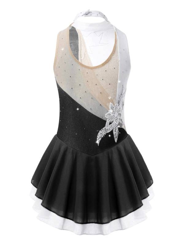 Kids Girls Sleeveless Sequin Floral Ruffle Skating Dance Dress thumb