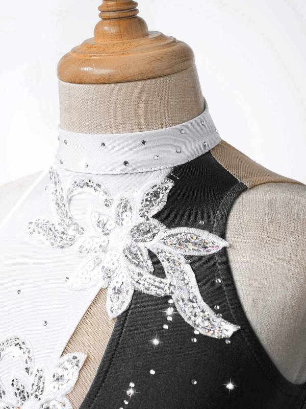 Kids Girls Sleeveless Sequin Floral Ruffle Skating Dance Dress thumb