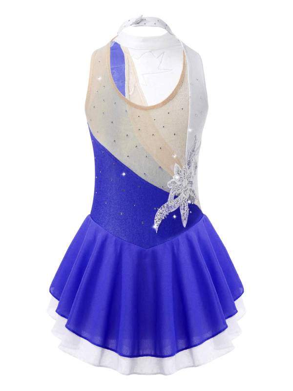 Kids Girls Sleeveless Sequin Floral Ruffle Skating Dance Dress thumb