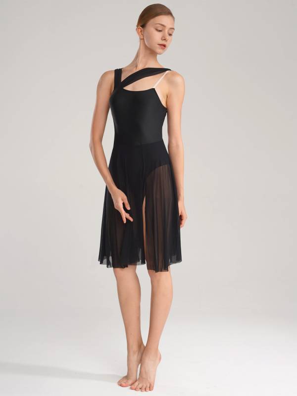 Women Sleeveless Color Block Mesh Lyrical Dance Leotard Dress thumb