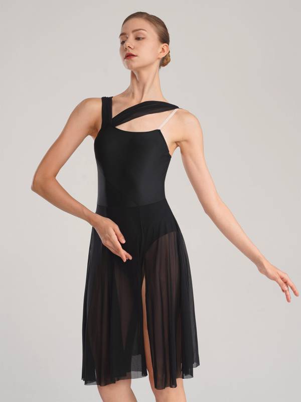 Women Sleeveless Color Block Mesh Lyrical Dance Leotard Dress thumb