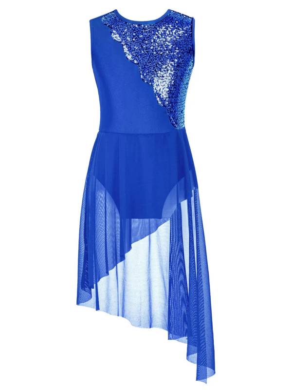 Kids Girls Sleeveless Sequins Irregular Lyrical Dance Dress thumb