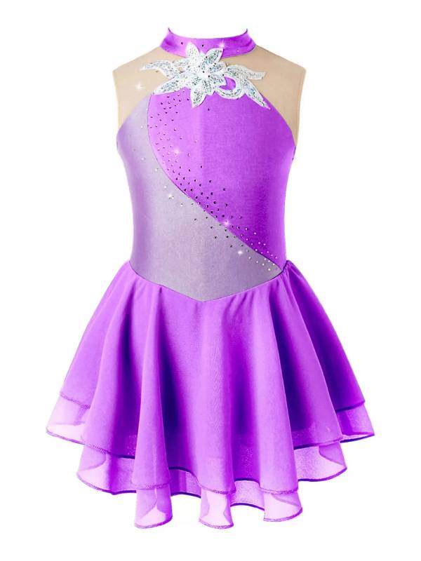 Kids Girls Sleeveless Sequins Floral Decorated Skating Dance Dress thumb