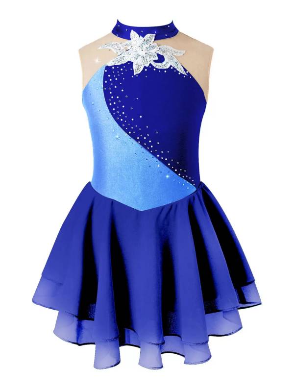 Kids Girls Sleeveless Sequins Floral Decorated Skating Dance Dress thumb