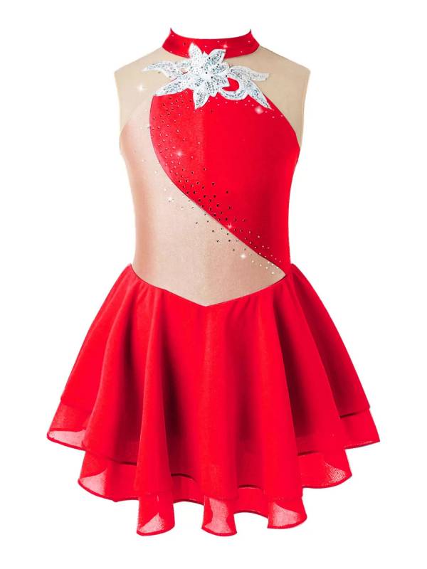Kids Girls Sleeveless Sequins Floral Decorated Skating Dance Dress thumb