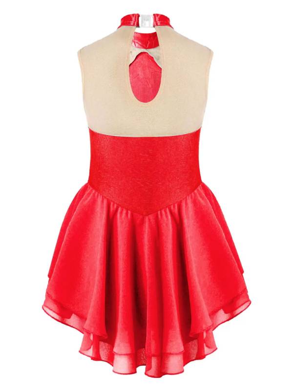 Kids Girls Sleeveless Sequins Floral Decorated Skating Dance Dress thumb
