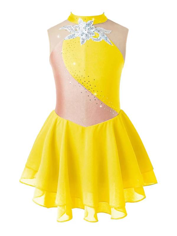 Kids Girls Sleeveless Sequins Floral Decorated Skating Dance Dress thumb