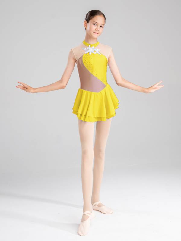 Kids Girls Sleeveless Sequins Floral Decorated Skating Dance Dress thumb