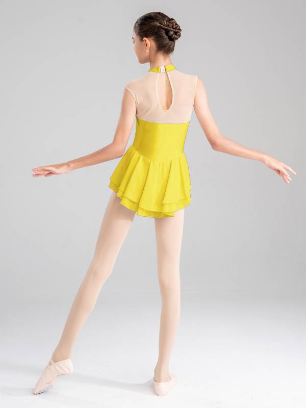 Kids Girls Sleeveless Sequins Floral Decorated Skating Dance Dress thumb