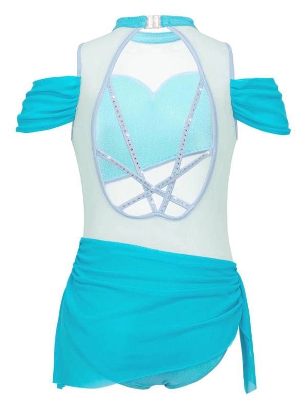 Kids Girls Sleeveless Cold Shoulder Rhinestone Lyrical Dance Leotard thumb