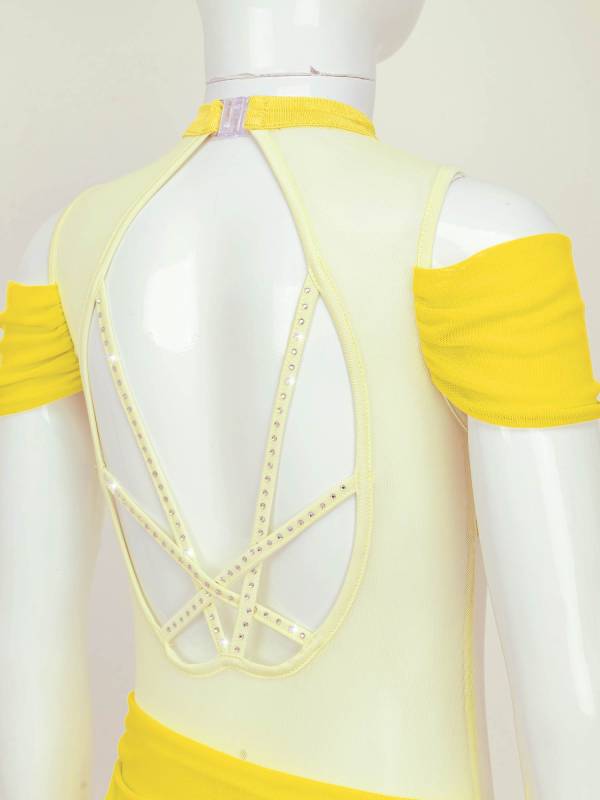 Kids Girls Sleeveless Cold Shoulder Rhinestone Lyrical Dance Leotard thumb