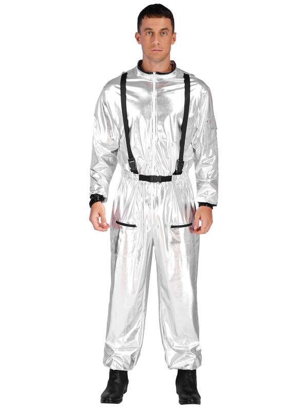 Men Mock Neck Long Sleeve Astronaut Costume Metallic Jumpsuits thumb