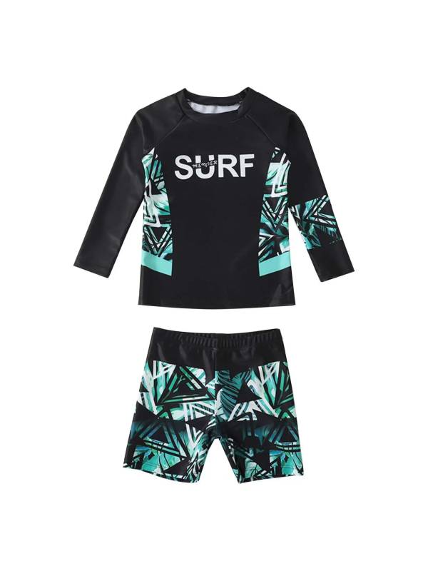 Kids Boys 2pcs Long Sleeve Geometric Print Rash Guard Swim Set thumb