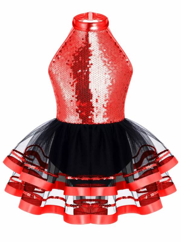 Kids Girls Sleeveless Sequin Hollow Back Tutu Jazz Dance Dress thumb