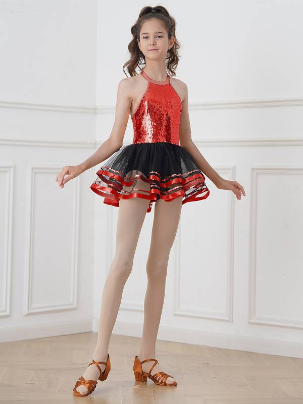 Kids Girls Sleeveless Sequin Hollow Back Tutu Jazz Dance Dress thumb