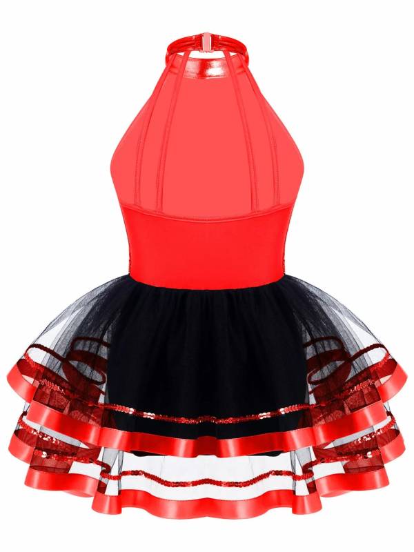 Kids Girls Sleeveless Sequin Hollow Back Tutu Jazz Dance Dress thumb