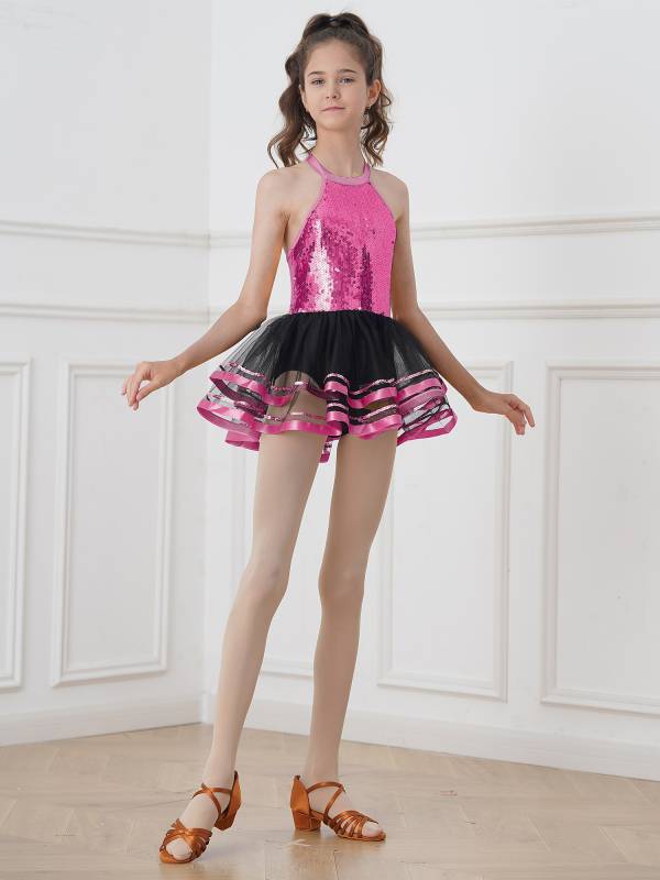 Kids Girls Sleeveless Sequin Hollow Back Tutu Jazz Dance Dress thumb