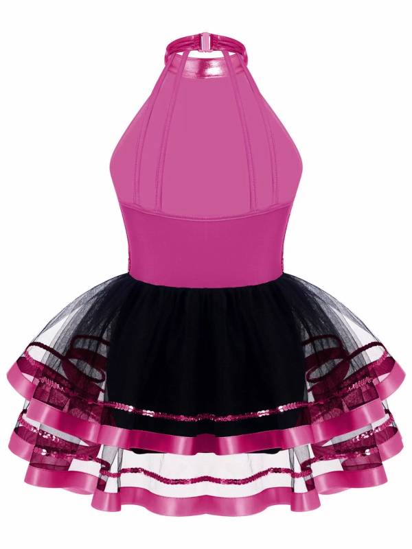 Kids Girls Sleeveless Sequin Hollow Back Tutu Jazz Dance Dress thumb