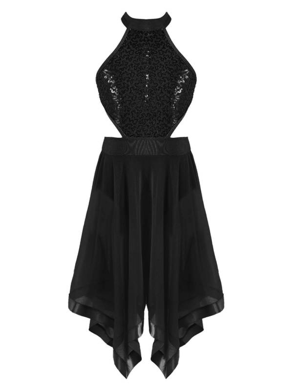 Kids Girls Sleeveless Sequins Hollow Back Lyrical Dance Dress thumb