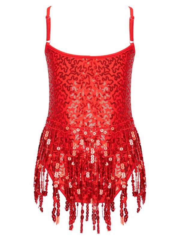 Kids Girls Sleeveless Sequin Tassel Latin Dance Leotards thumb