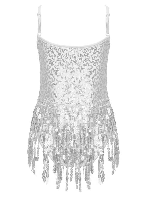 Kids Girls Sleeveless Sequin Tassel Latin Dance Leotards thumb