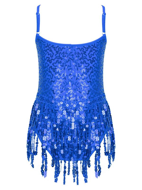 Kids Girls Sleeveless Sequin Tassel Latin Dance Leotards thumb