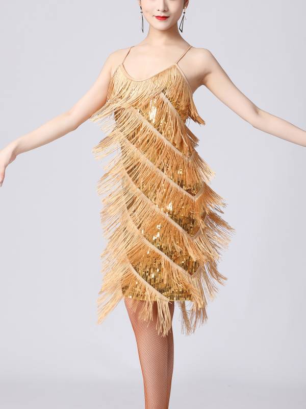 Women Sequins Fringed Latin Samba Dance Dress thumb