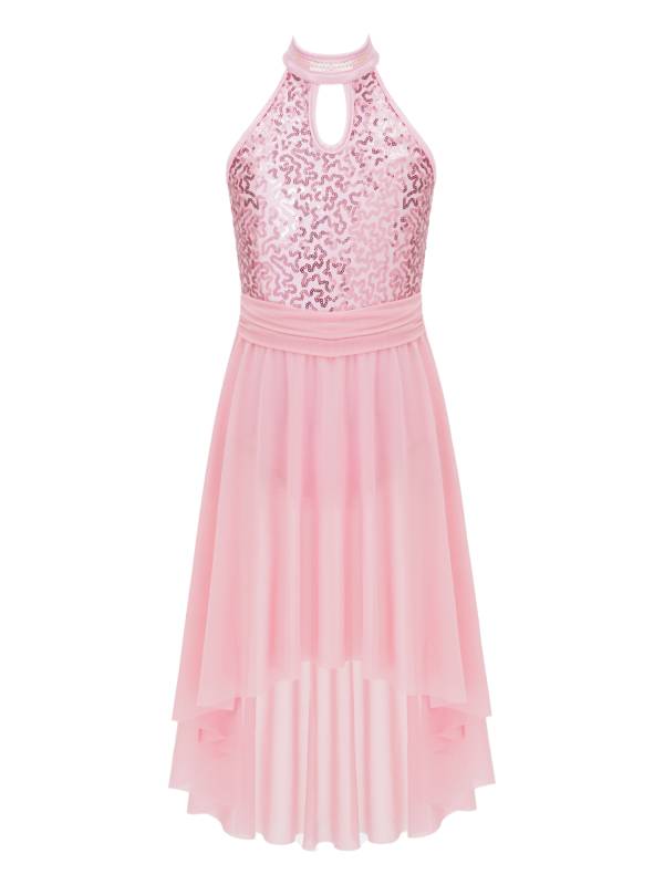 Kids Girls Sleeveless Sequins High Low Lyrical Dance Dress thumb
