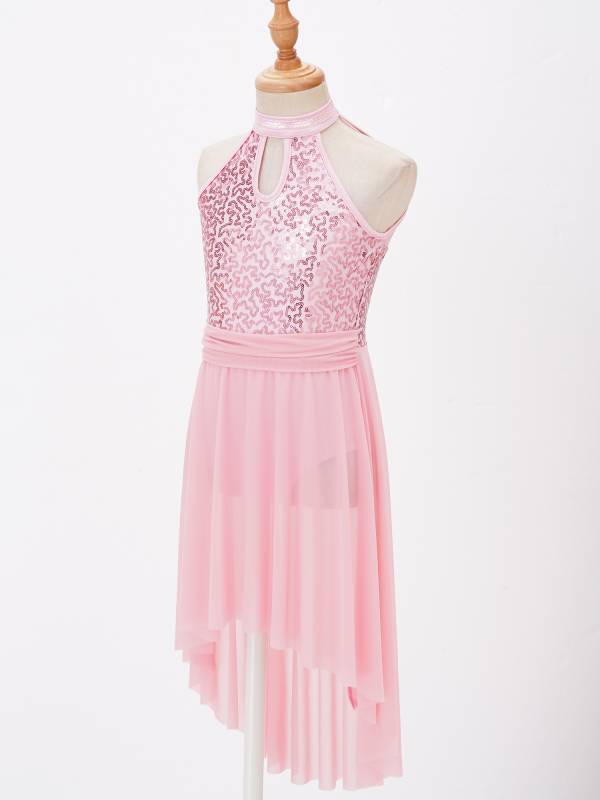 Kids Girls Sleeveless Sequins High Low Lyrical Dance Dress thumb