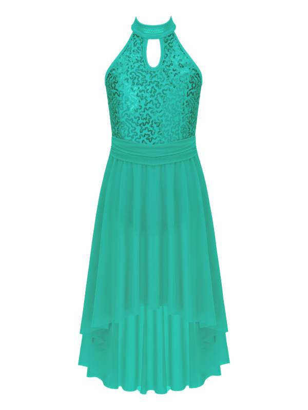 Kids Girls Sleeveless Sequins High Low Lyrical Dance Dress thumb