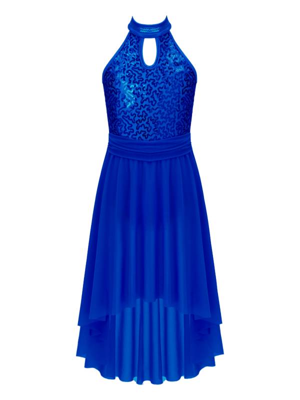 Kids Girls Sleeveless Sequins High Low Lyrical Dance Dress thumb