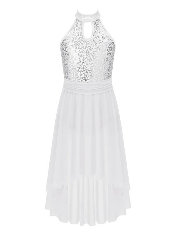 Kids Girls Sleeveless Sequins High Low Lyrical Dance Dress thumb