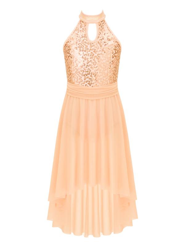 Kids Girls Sleeveless Sequins High Low Lyrical Dance Dress thumb