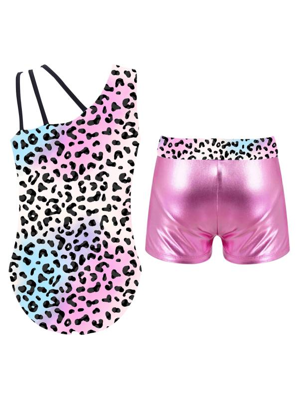 Kids Girls Asymmetric Shoulder Leotard with Shorts Gymnastic Set thumb