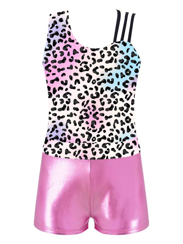 Kids Girls Asymmetric Shoulder Leotard with Shorts Gymnastic Set thumb