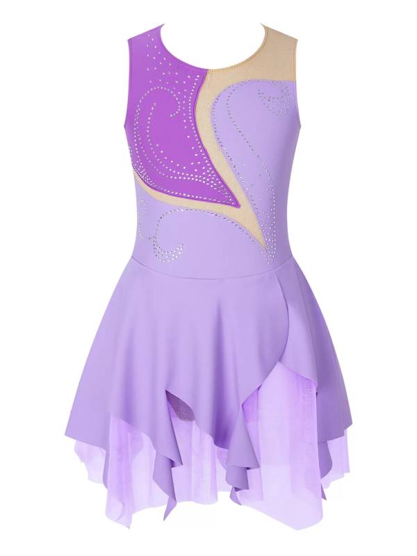 Kids Girls Sleeveless Colorblock Rhinestone Skating Dance Dress thumb