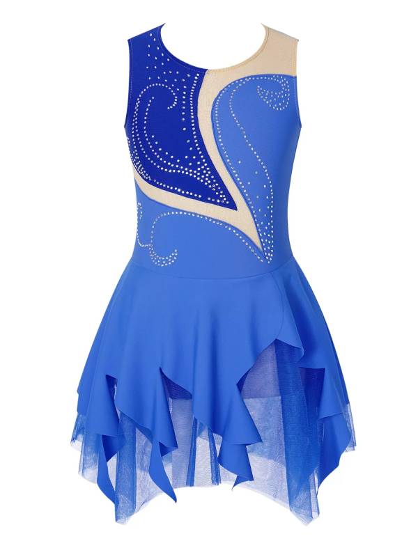 Kids Girls Sleeveless Colorblock Rhinestone Skating Dance Dress thumb